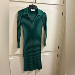 LOFT Teal and Black Striped Long Sleeve Midi Dress